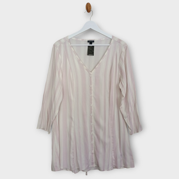 Torrid Shirt Women 1 Purple White Striped Lagenlook Stretch 3/4 Sleeve Button Up - Picture 1 of 8